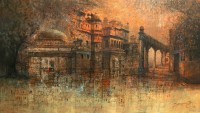 A. Q. Arif, Reflections of the Past, 24 x 42 Inch, Oil on Canvas, Cityscape Painting, AC-AQ-229